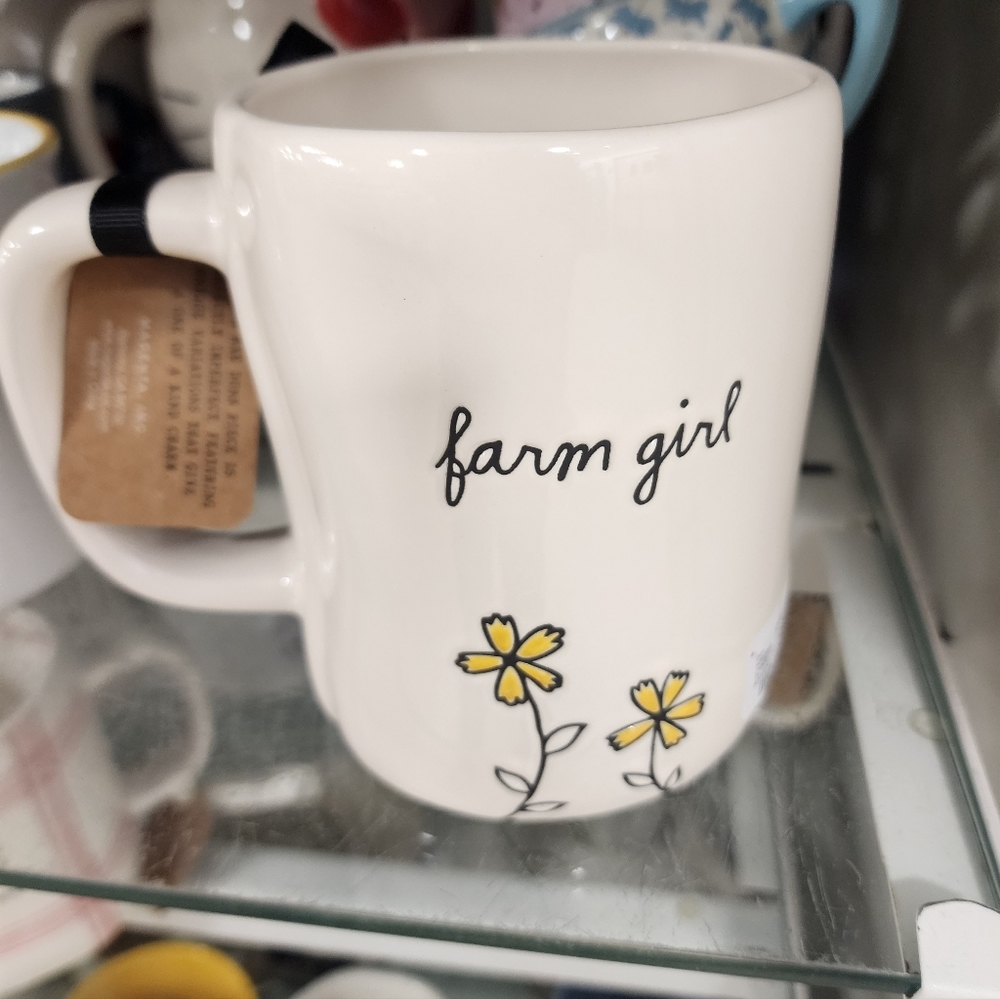 Rae Dunn Farm Girl White Mug with Yellow Flowers - Double Sided